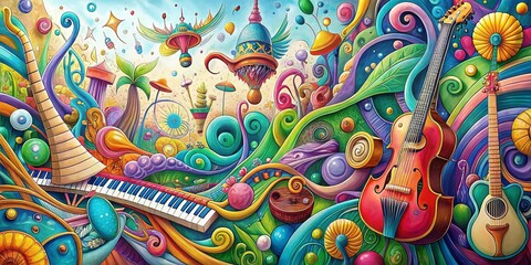 Fototapeta premium Whimsical Doodle Musical Instruments Pattern: Surreal Photography Stock Photo