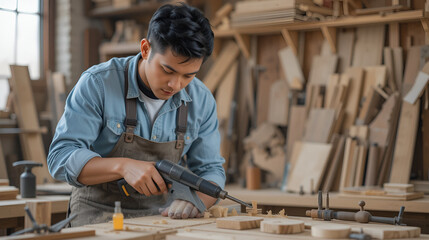young carpenter Asian man, wooden maker craftsman working with a industry carpentry tool workshop
