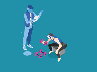 Virtual Reality Fitness Training - Isometric Digital Workout 3d flat vector illustrations