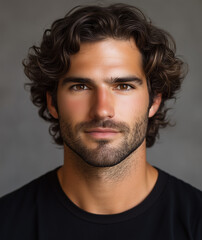 Fototapeta premium Headshot of a handsome young man with wavy hair, brown eyes, and a black T-shirt, facing the camera directly, with soft lighting and a neutral background.