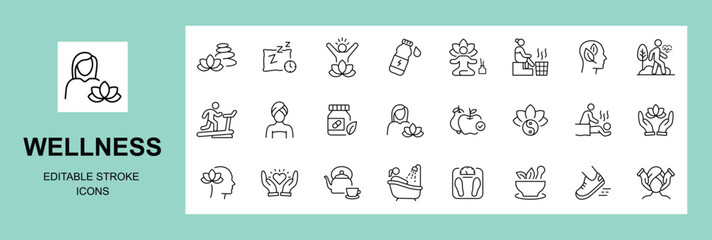 Wellness   line icons set. Editable stroke .Vector illustration.