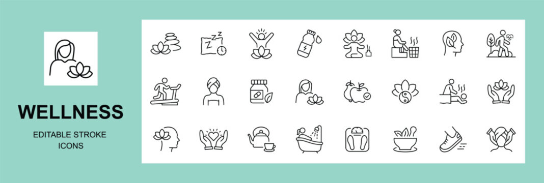 Wellness   line icons set. Editable stroke .Vector illustration.