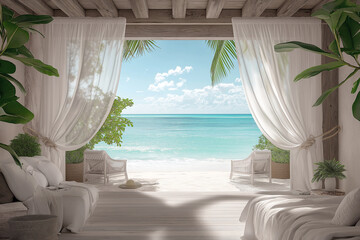 Plakat A dreamy bedroom on the beach, with white linens and light-colored furniture, surrounded by sheer curtains hanging from wooden beams. The view outside is of crystal-clear waters, sandy beaches