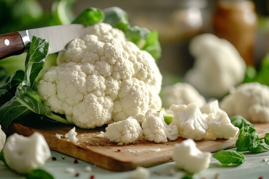 Chef cutting fresh organic cauliflower on wooden board - Powered by Adobe