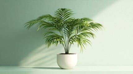 Obraz premium Minimalist plant in white pot, mint green wall, sunlight. Interior design