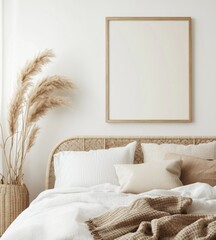Empty frame, boho bedroom, cozy bed