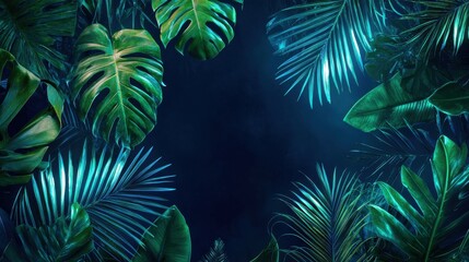 Green and Blue Neon Light with Tropical Leaves.