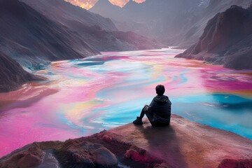 Obraz premium A man sits on a rock overlooking a river with a rainbow in the water