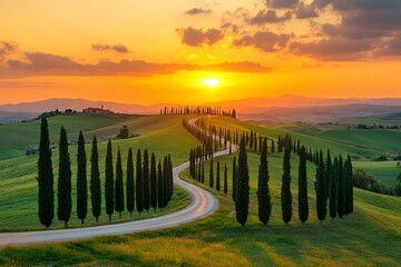 Obraz premium Scenic landscape in Tuscany with winding road and cypress trees at sunset