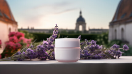 Elegant Glass Skincare Jar Mockup for Facial Cream, Moisturizer and Lotion on Surface In French City Background. Soft Bokeh Background.