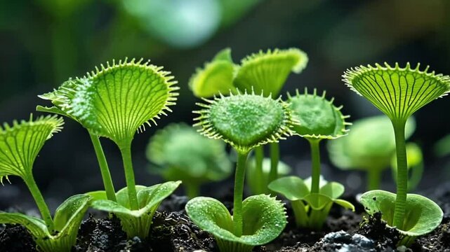 Venus flytrap seedlings in a dark soil. Close up shot. Possible use Educational material