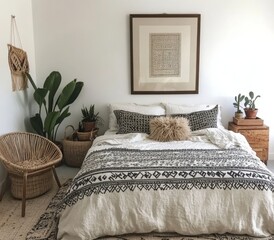 Cozy bedroom with patterned bedding and plants