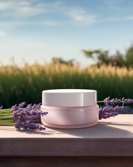 Elegant Glass Skincare Jar Mockup for Facial Cream, Moisturizer and Lotion with a Bundle of Lavender Flowers on Surface. Soft Bokeh Background.