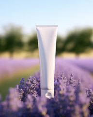 Elegant White Skincare Tube Mockup for Hand Cream, Soap and Lotion In French Lavender Flower Fields. Soft Bokeh Background. 