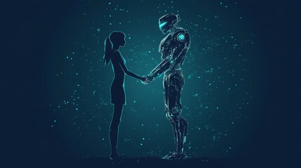 Fototapeta premium Human and Robot Connection in Futuristic Digital Environment