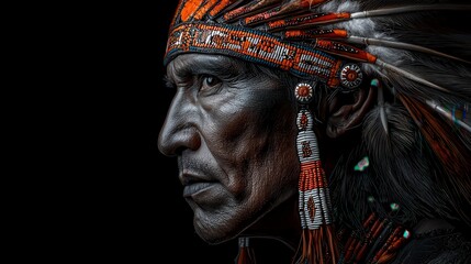 Obraz premium Native American Man in Profile with Ornate Headdress