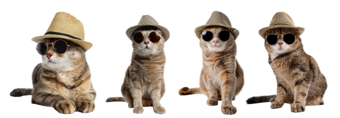 Stylish cats wearing hats and sunglasses, showcasing their unique personalities.