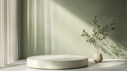 Fototapeta premium Empty round podium, light, greenery, sunlit room. Interior display, product presentation