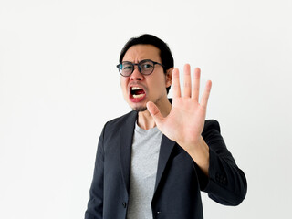 Geek nerd business man do angry denying pose on white background.