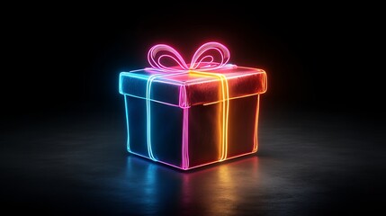 Neon Gift Box with Vibrant Glowing Lines on Dark Background