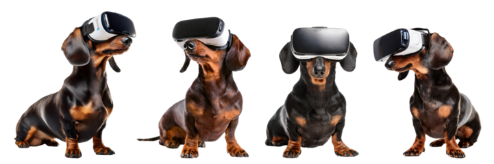 Dachshunds wearing virtual reality headsets, exploring a digital world together.