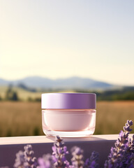 Elegant Glass Skincare Jar Mockup for Facial Cream, Moisturizer and Lotion In French Countryside Background with Lavender Flowers. Soft Bokeh Background. 