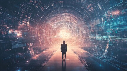 Man Standing in Futuristic Tunnel with Digital Matrix Background