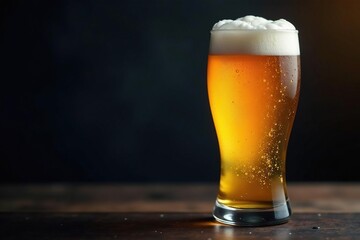 Light beer cascade into goblet, foam crown, dark setting, photography, viscous