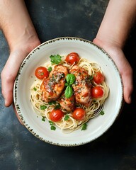 Overhead View of Chicken Pasta Dish with Cherry Tomatoes and Fresh Herbs