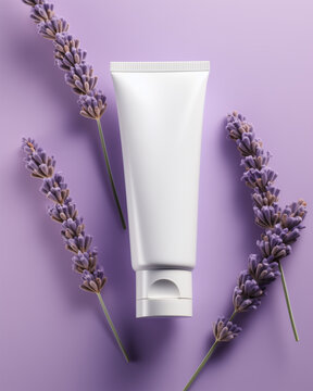 Elegant White Skincare Tube Mockup for Hand Cream, Soap and Lotion Laying on Purple Background with Lavender Flowers.