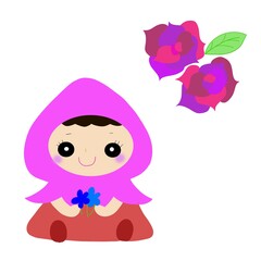 ピンクの頭巾の女の子とバラのイラストセット

