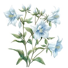 Obraz premium Delicate Watercolor Painting of Light Blue Campanula Flowers. A botanical illustration perfect for wedding invitations, greeting cards, or home decor.