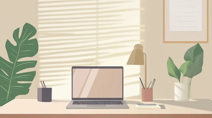 Fototapeta premium A computer desk with a laptop, a pen, and a plant