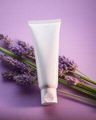 Elegant White Skincare Tube Mockup for Hand Cream, Soap and Lotion Laying on a Bundle of Lavender Flowers on Purple Background.