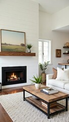 Fototapeta premium Modern farmhouse living room, white shiplap, fireplace, open kitchen, interior design, style