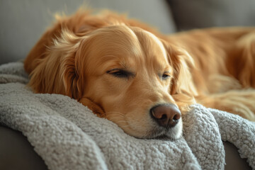 Dog lounging on couch with head on soft blanket, fluffy ears perked up, gazing contentedly at the camera.