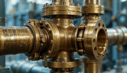 Detailed Close-Up of Industrial Brass Valve and Pipe System