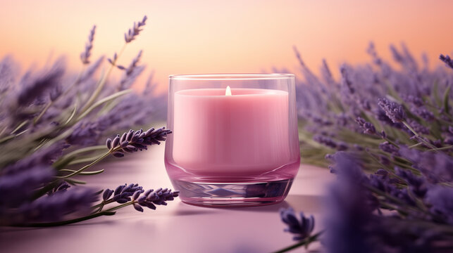 Elegant Pink Glass Candle Holder with Glowing Flames On Surface In French Lavender Flower Fields During Sunset. Soft Bokeh Background. Product Mockup.