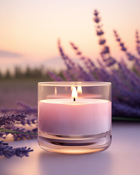 Elegant Clear Glass Candle Holder with Glowing Flames On Surface In French Lavender Flower Fields During Sunset. Soft Bokeh Background. Product Mockup.
