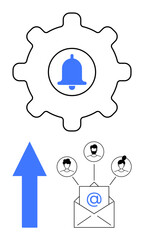 Gear with bell for settings, blue arrow symbolizing growth, envelope with email icon linked to four user profiles. Ideal for teamwork, notifications, communication, updates, collaboration