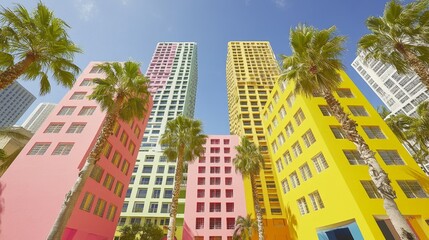 Obraz premium Vibrant urban vista kaleidoscopic architecture rainbow buildings sunny cityscape colorful facade palm trees against clear blue sky