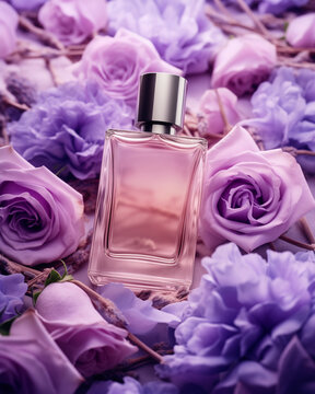 Elegant Perfume Glass Bottle Laying on a Bed of Purple Roses and Flowers. Floral Fragrance. Product Mockup.