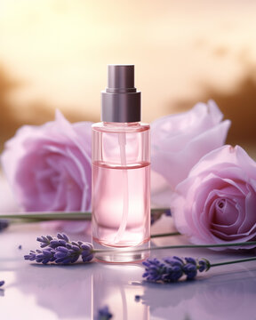 Elegant Skincare Glass Spray Bottle Mockup for Essential Oil, Serum and Perfume on White Surface with Pink Roses and French Lavender Flowers. Soft Bokeh Background. 
