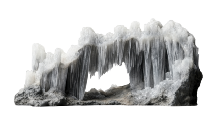 Frozen waterfall cascading over rock formation with transparent background