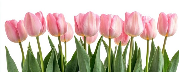 Fototapeta premium Pink tulips in full bloom arranged elegantly with green leaves in a bright setting for a fresh spring look