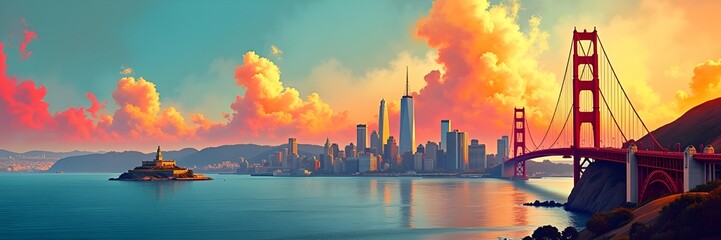 San Fransico city skyline with monument landmarks Travel USA California Tourism Panaroma Cityscape Urban Architecture illustration banner