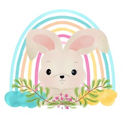 Cute bunny with rainbow, clouds and frorsl decoration.