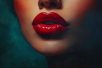 Obraz premium Close-Up of Glossy Red Lips on Mysterious Background