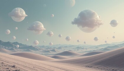 Dreamlike Landscape with Clouds and Floating Spheres Over Sand Dunes