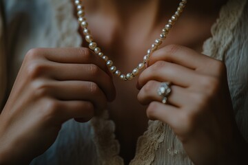 Elegant Woman Holding Pearl Necklace with Ring on Finger